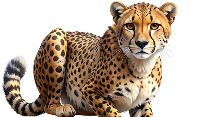 Cartoonish cheetah portrait with rosette spots, isolated against a white background, displaying a friendly expression
