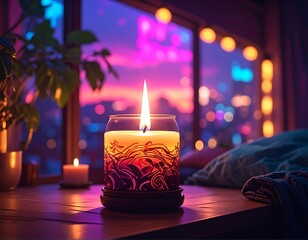 Candle glowing indoors by window at dusk with a plant, pillows, and city lights blurred in the background