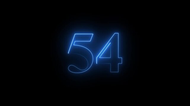 Neon text 54 number countdown icon blue color and black background . Neon number 55 with alpha channel, neon numbers, Bright neon glowing number 54 , Energy Neon Number 54 Animation. 4k video..