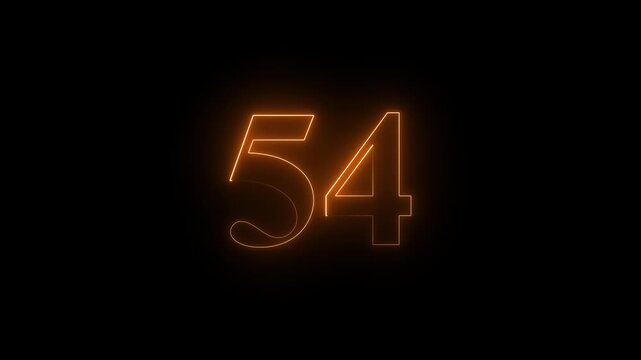 Neon text 54 number countdown icon orange color and black background . Neon number 54 with alpha channel, neon numbers, Bright neon glowing number 54 , Energy Neon Number 54 Animation. 4k video..
