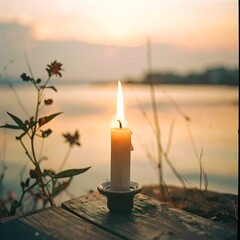 Candle burning serenely on wood, with plants, water, and a blurred sunset creating a peaceful, warm ambiance