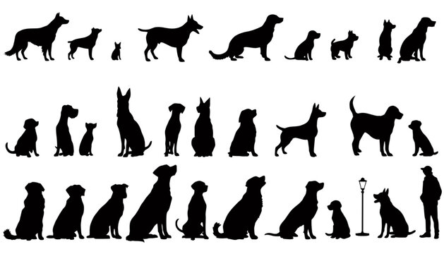 A diverse collection of black vector dog silhouettes depicting various breeds and sizes, perfect for graphic design projects and pet-related content.