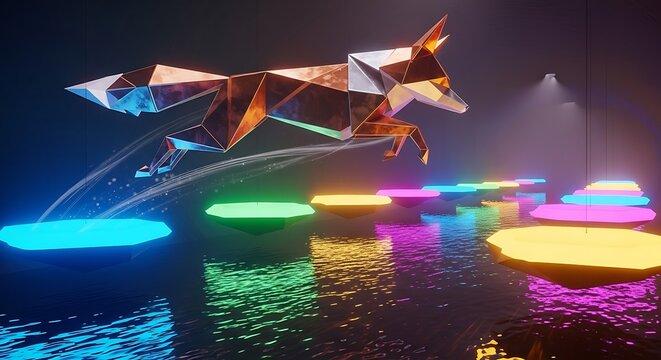 A stylized, low-poly geometric fox leaps across a sequence of glowing, multicolored hexagon stepping stones over water in a dark, neon-lit environment.
