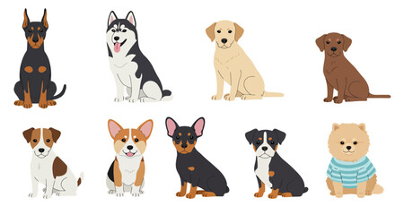 A diverse collection of popular dog breeds is presented in a charming flat design style, perfect for pet-related projects and animal illustrations.