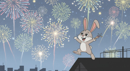 Fireworks Bunny Celebration: A cheerful bunny, radiating pure joy, leaps with delight as vibrant fireworks illuminate the night sky, creating a spectacle of color and celebration.