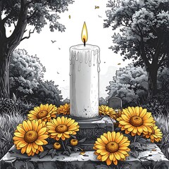 Candle on a grave surrounded by yellow flowers with trees in grayscale background in memory of a lost loved one