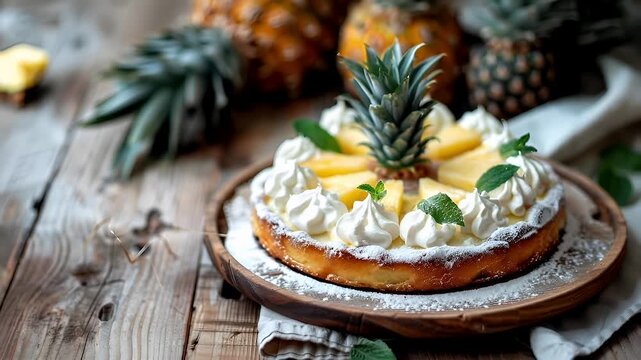 A closeup shot of a pineapple tart with whipped cream and mint leaves on a wooden surface. The background is a rustic wooden table with a few pineapples scattered around.