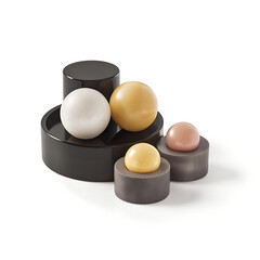 Geometric Harmony: An abstract composition of spheres and cylinders in a play of light, texture, and form. A minimalist arrangement, each shape and color contributes to an artistic symphony. 