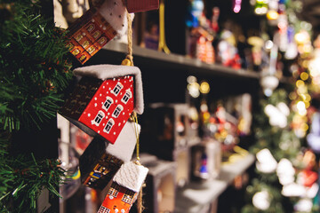 Christmas market with illuminated food stalls, gift shops and kiosks, New Year outdoor fair...