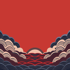 Celestial Symphony: An artistic display evokes the drama of a sunset over rolling seas, with stylized cloud formations framing the sun's radiant descent.