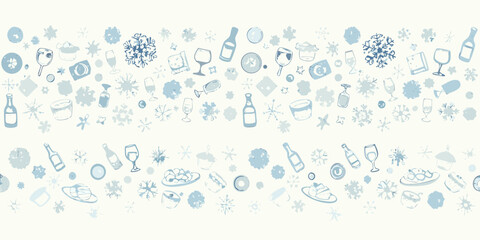 A festive winter pattern featuring drinkware food and delicate snowflake motifs
