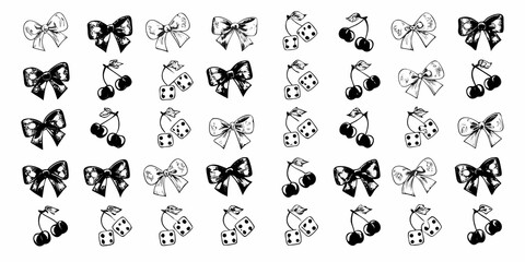 Repeating pattern of bows cherries and dice in a black and white design