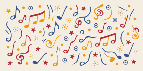 Colorful musical notes and symbols scattered across a light beige background