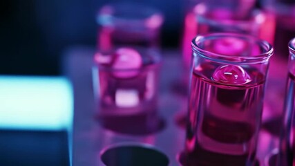 Laboratory glassware with purple liquids science and experimentation concept