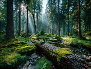 Fototapeta premium Sunbeams pierce mossy forest