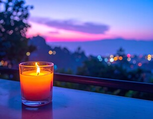 Candlelight glow illuminates a blurred cityscape under a violet twilight sky on a dark wooden table