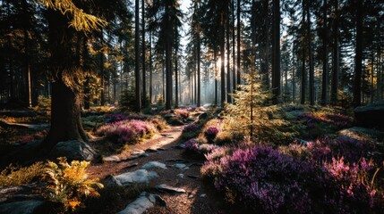 Sunlight streams through a forest path lined with vibrant purple heather