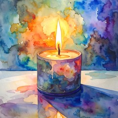 Candlelight glow painting. A vibrant candle illuminates a colorful, abstract background with reflection on a shiny surface