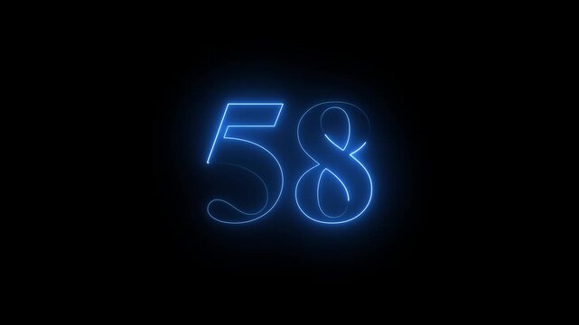 Neon text 58 number countdown icon blue color and black background . Neon number 58 with alpha channel, neon numbers, Bright neon glowing number 58 , Energy Neon Number 58 Animation. 4k video..
