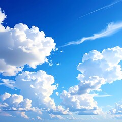 Blue sky filled with fluffy, white cumulus clouds drifting peacefully on a bright day
