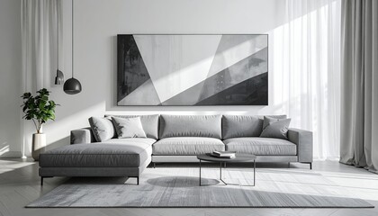 Modern Living Room Interior with Stylish Gray Sofa and Abstract Art.