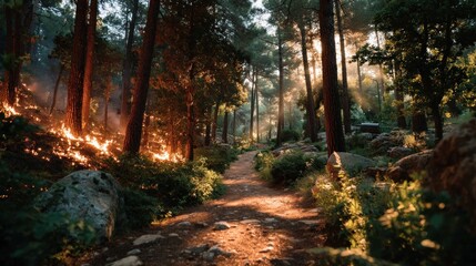Sunlit forest path, wildfire edge