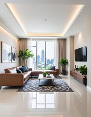Modern Living Room with City View and Contemporary Furniture.