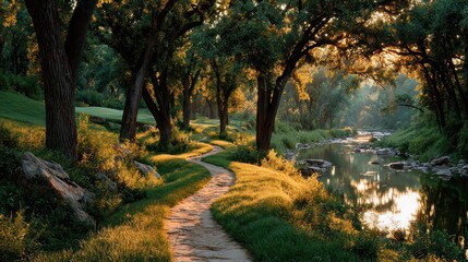 Fototapeta premium Sunlit path through trees by a stream