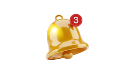 Golden bell with a notification badge isolated on transparent background