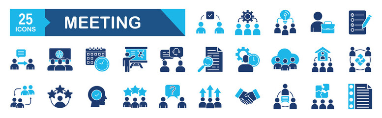 Meeting icon set Blue Monochrome Flat Design concept for seminar, presentation, conference, business, interview, assembly, discussion, agreements