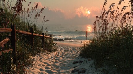 Sunrise beach path, wooden fence, coastal grasses