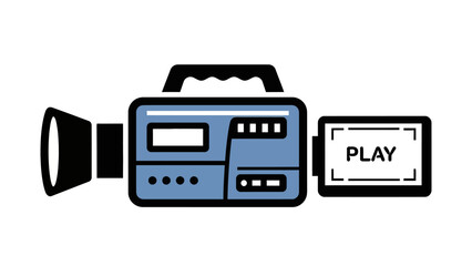 Fototapeta premium Stylized illustration of a blue vintagestyle camcorder with a flipout screen showing PLAY