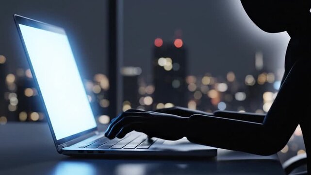 stick figure typing on a laptop computer in an office setting