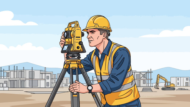 Surveyor in hard hat uses yellow total station at construction site