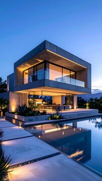 Modern Luxury Home with Infinity Pool at Dusk.