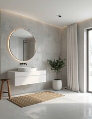 Modern Minimalist Bathroom Interior with Round Mirror and Floating Vanity.