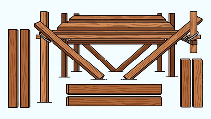 Wooden pier or scaffolding structure assembly diagram with loose pieces