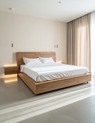 Modern minimalist bedroom interior with wooden bed and illuminated nightstands, bathed in natural light, creating a serene and inviting atmosphere.