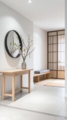 Modern Minimalist Entryway with Wooden Console Table and Round Mirror.