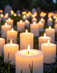 Candles glow softly in a graveyard at twilight, casting gentle light on the headstones. Peaceful, solemn scene