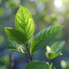 Bright green leaves, lit by the sun, showcase vein patterns against a soft, bokeh-filled green background