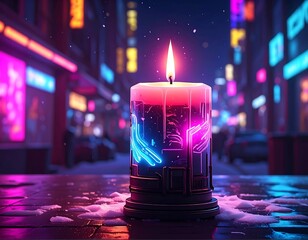 Candle's pink and blue glow illuminates snowy city streets at night. Neon lights add to the vibrant, urban scene