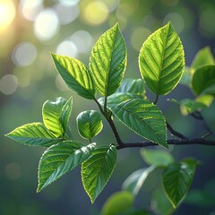 Bright green leaves on a branch, sunlit, with blurred bokeh background of a lush green forest