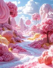 Candy-like landscape with pastel pinks and yellows, including whimsical trees and a winding path under a sunny sky