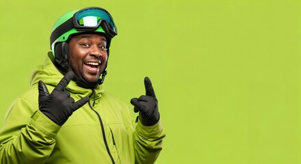 Happy adult Black man in ski gear making rock and roll hand gestures on a vibrant green background, ready for winter sports fun and adventure