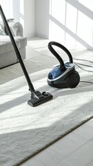 Modern vacuum cleaner on a light carpet in a bright room, ready for household chores and cleaning.