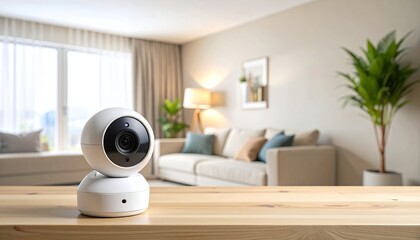 Modern white security camera on a wooden table in a bright, contemporary living room with blurred background.