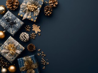 Fototapeta premium Elegant Christmas Gifts and Golden Decorations on Dark Background