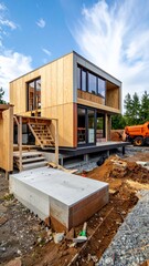Modern Wooden House Under Construction with Concrete Foundation and Blue Sky.