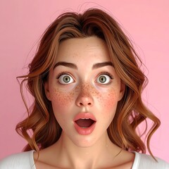Cartoonish girl, open mouth, wide eyes, freckles, blush, wavy brown hair, with a pink background and white shirt